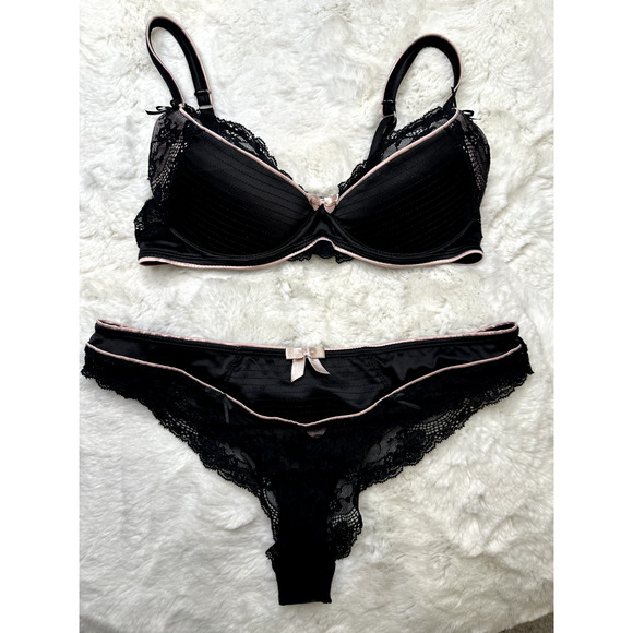 Honey Birdette BONNIE🖤 Black Pink Floral Lace 2 Piece Set 32D & Small Brief